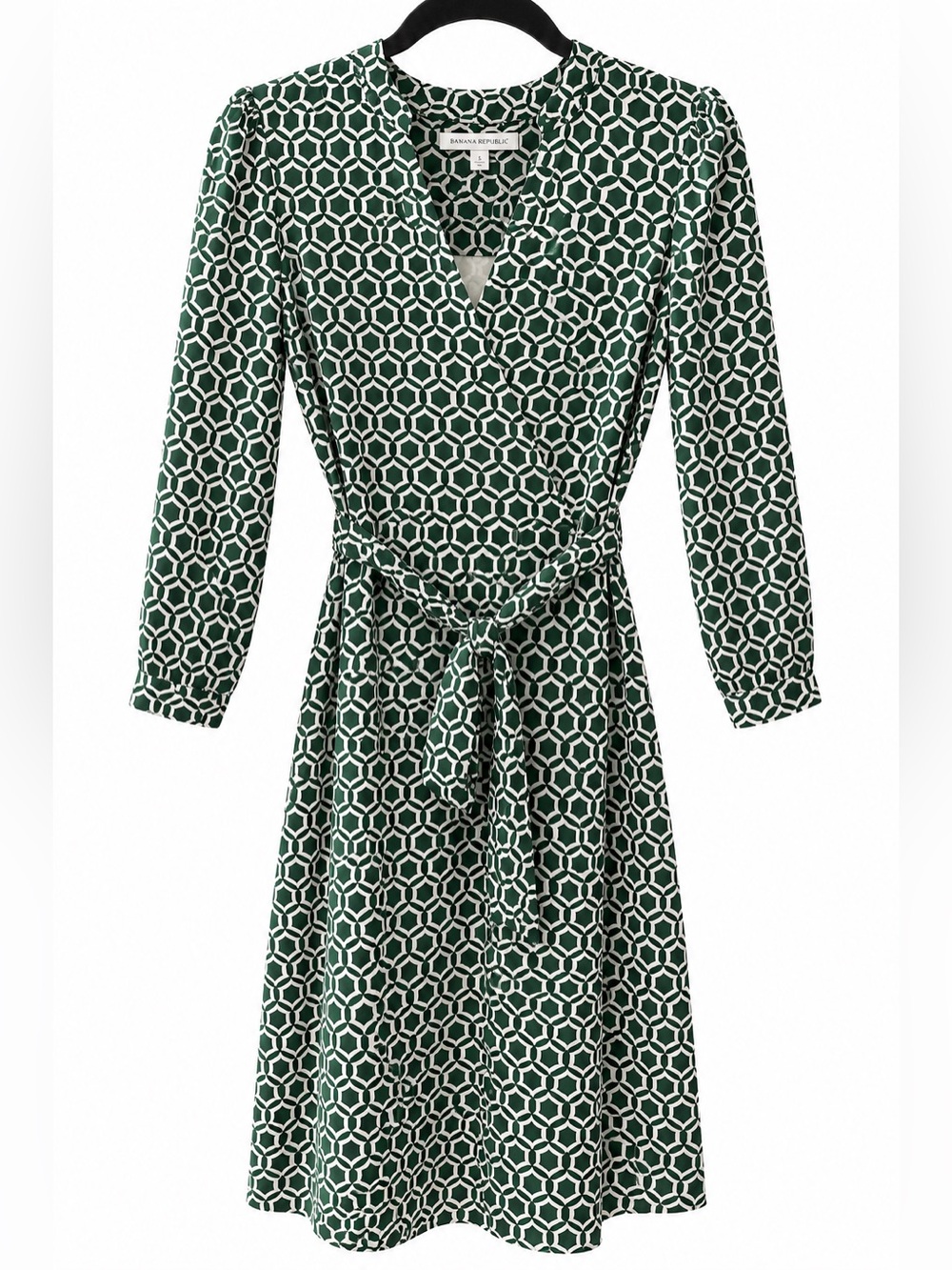 Boden Green & White Geometric Belted Dress – Size 8 Regular